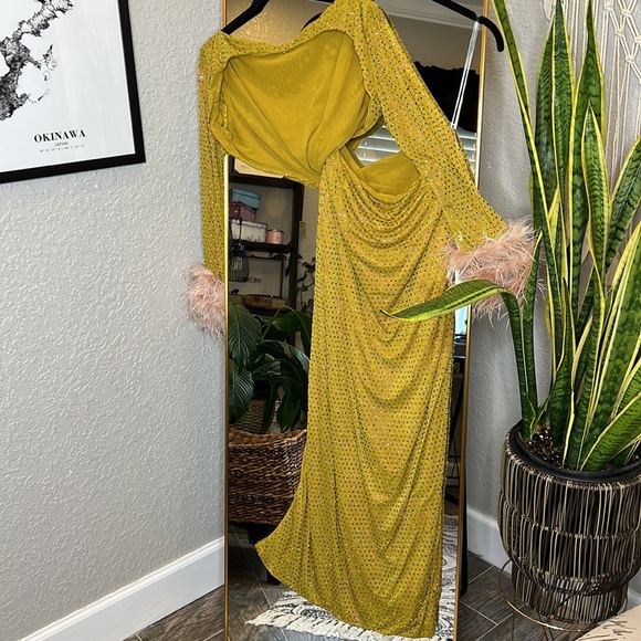 HOUSE OF CB 'Gina' Feathered Chartreuse Crystallised Maxi Dress NWOT - Picture 9 of 11